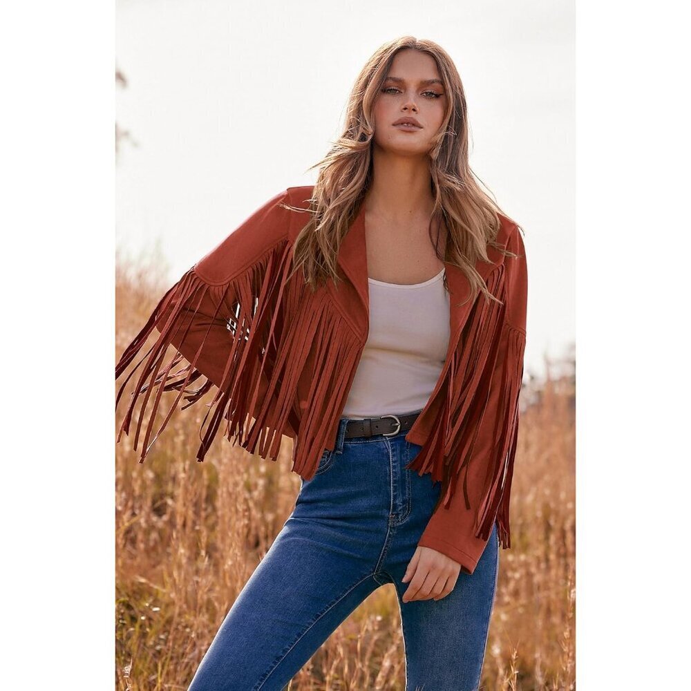 Women's  Brick Red Faux Suede Leather Tassel Motorcycle Cropped Jackets - Picture 7 of 9